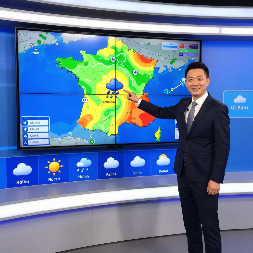A modern weather bulletin set in a sleek studio environment, featuring a large high-definition screen displaying a colorful weather map of France with various icons for sun, rain, and wind. In the foreground, a professional meteorologist dressed in smart, business attire is actively presenting the forecast, pointing towards the map with a confident smile. The middle layer showcases interactive digital screens with animated weather symbols and statistics floating around. The background features modern lighting with soft blue and white tones, creating a clean and professional atmosphere. The scene captures a sense of urgency and precision, embodying the modern media approach to weather forecasting. The overall mood is informative and engaging, ideal for a media-focused section on meteorology.
