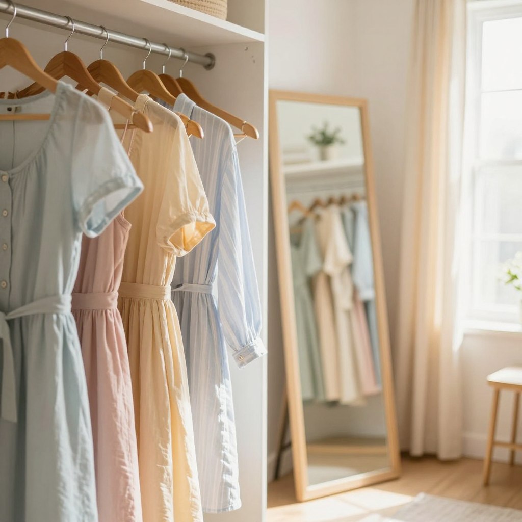 A neatly organized wardrobe filled with light, breathable clothing suitable for hot weather. In the foreground, colorful cotton dresses and airy linen shirts hang elegantly on wooden hangers, their fabrics gently draped. The middle ground features a well-lit dressing area with a full-length mirror reflecting the soft pastels of the garments. The background includes a window with sheer curtains, allowing warm sunlight to flood the room, creating a cheerful and inviting atmosphere. The overall mood is fresh and serene, evoking a sense of ease and comfort. The lighting is soft and natural, ideal for displaying the textures of the fabrics, with a slightly warm hue to enhance the summery feel.
