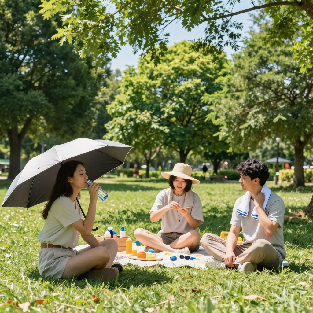 A peaceful park scene during a hot summer day, featuring a diverse group of three people in modest, casual clothing, seeking relief from the heat. In the foreground, a woman is sitting under a large umbrella, sipping water, while a man nearby holds a cooling towel against his neck. In the middle ground, another person is applying sunscreen, surrounded by a picnic setup with shade-enhancing gear like a hat and sunglasses. The background showcases lush green trees and bright blue skies, adding to the warmth of the scene. The lighting is bright and sunny, emphasizing the need for sun protection. The mood is calm, encouraging viewers to consider effective heat protection strategies.