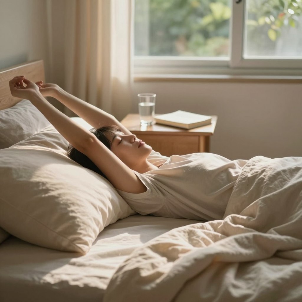 A peaceful room bathed in soft, warm natural light during early morning. In the foreground, a cozy bed with soft, fluffy pillows and a lightweight blanket, indicative of restful sleep. A person in modest casual clothing, stretching gently beside the bed, exuding a sense of relief and gradual recovery from fatigue. In the middle ground, a small wooden bedside table holds a glass of water and a book, symbolizing hydration and relaxation. The background features gentle greenery through a window, suggesting a calm, rejuvenating atmosphere. The scene conveys tranquility and warmth, inviting viewers to embrace gradual recovery after exhaustion. Soft shadows and a slight bokeh effect add to the serene mood, emphasizing a comforting, restorative environment. A peaceful room bathed in soft, warm natural light during early morning. In the foreground, a cozy bed with soft, fluffy pillows and a lightweight blanket, indicative of restful sleep. A person in modest casual clothing, stretching gently beside the bed, exuding a sense of relief and gradual recovery from fatigue. In the middle ground, a small wooden bedside table holds a glass of water and a book, symbolizing hydration and relaxation. The background features gentle greenery through a window, suggesting a calm, rejuvenating atmosphere. The scene conveys tranquility and warmth, inviting viewers to embrace gradual recovery after exhaustion. Soft shadows and a slight bokeh effect add to the serene mood, emphasizing a comforting, restorative environment.