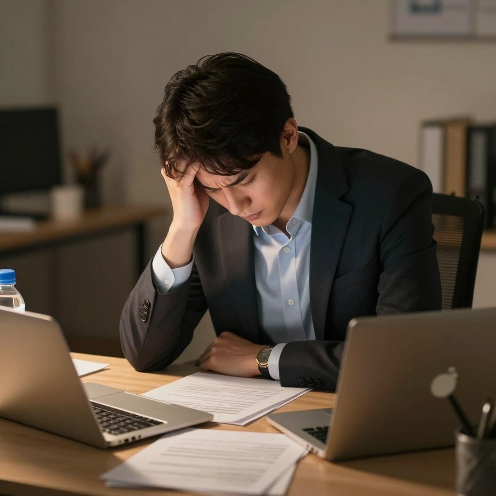 A person sitting at a desk, head gently resting on one hand, showcasing a visible expression of discomfort due to a headache, dressed in professional business attire. The foreground features a cluttered workspace with papers, a laptop, and a water bottle, indicating a busy day. The middle layer shows the individual surrounded by soft, warm lighting that portrays a feeling of fatigue and strain, creating a cozy yet somber atmosphere. In the background, blurred outlines of office supplies emphasize the feeling of a hectic work environment. The overall mood is one of fatigue and concern, reflecting the impact of heat and dehydration, with a focus on the individual’s struggle against the sensation of a headache.