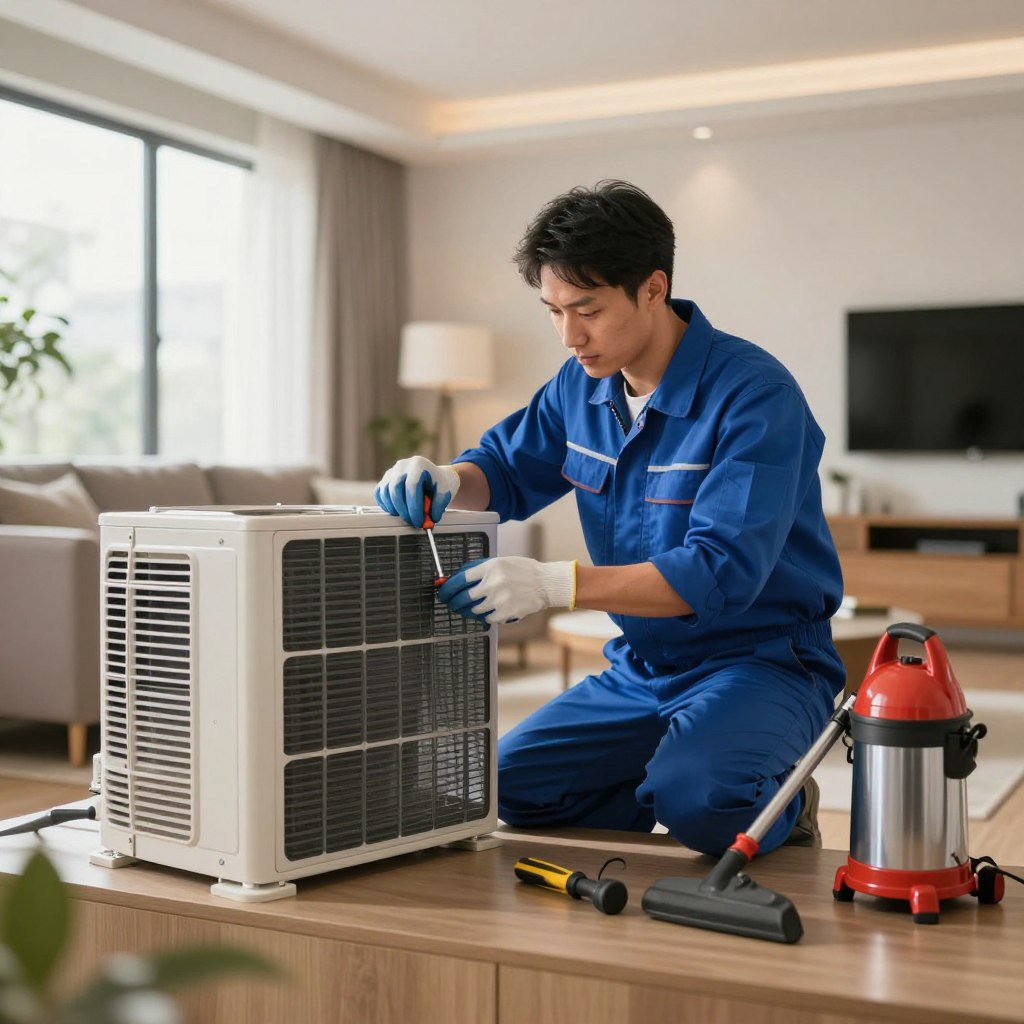 A professional technician, wearing a blue uniform and safety gloves, performing maintenance on a residential air conditioning unit inside a modern living room. The technician is focused on cleaning the air filter, with tools like a screwdriver and vacuum cleaner arranged neatly beside him. In the foreground, tools are slightly blurred to emphasize the technician's activity in the middle ground. The background features a contemporary interior design, with a comfortable sofa and a large window letting in soft, warm natural light, creating an inviting atmosphere. The mood is industrious yet calm, showcasing the importance of regular air conditioning upkeep for optimal home comfort. A professional technician, wearing a blue uniform and safety gloves, performing maintenance on a residential air conditioning unit inside a modern living room. The technician is focused on cleaning the air filter, with tools like a screwdriver and vacuum cleaner arranged neatly beside him. In the foreground, tools are slightly blurred to emphasize the technician's activity in the middle ground. The background features a contemporary interior design, with a comfortable sofa and a large window letting in soft, warm natural light, creating an inviting atmosphere. The mood is industrious yet calm, showcasing the importance of regular air conditioning upkeep for optimal home comfort.
