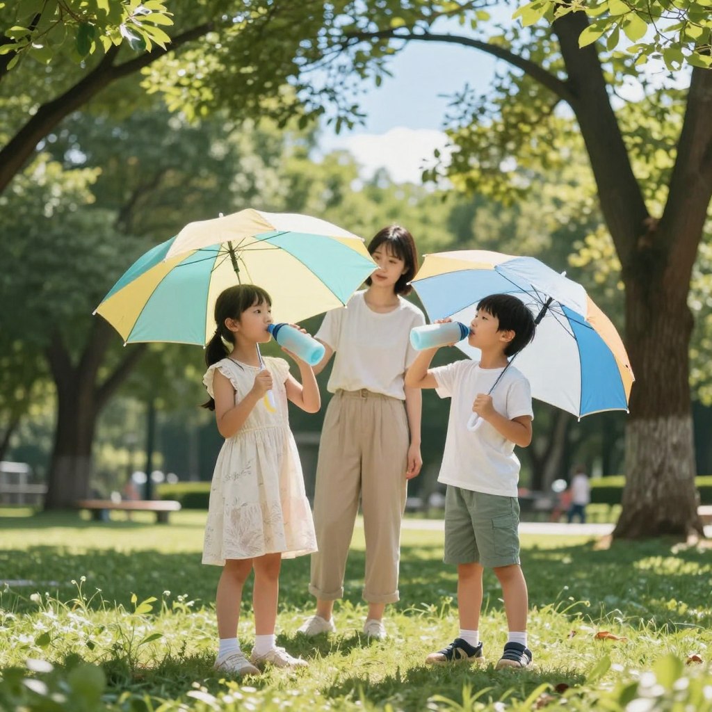 A scene depicting child safety during a heatwave, focusing on two children playing safely in a shaded park. In the foreground, a young girl in a light, breathable summer dress and a boy in casual shorts and a t-shirt are enjoying a colorful, sun-protection umbrella while sipping water from reusable bottles. In the middle ground, a caregiver, dressed in modest casual clothing, supervises them attentively, ensuring they stay hydrated and cool. The background features lush trees providing shade, with a bright blue sky and rays of sunlight filtering through the leaves, creating a warm yet safe atmosphere. The image should have soft lighting to evoke a calm, reassuring mood, captured from a slightly low angle to emphasize the children's playful expressions.