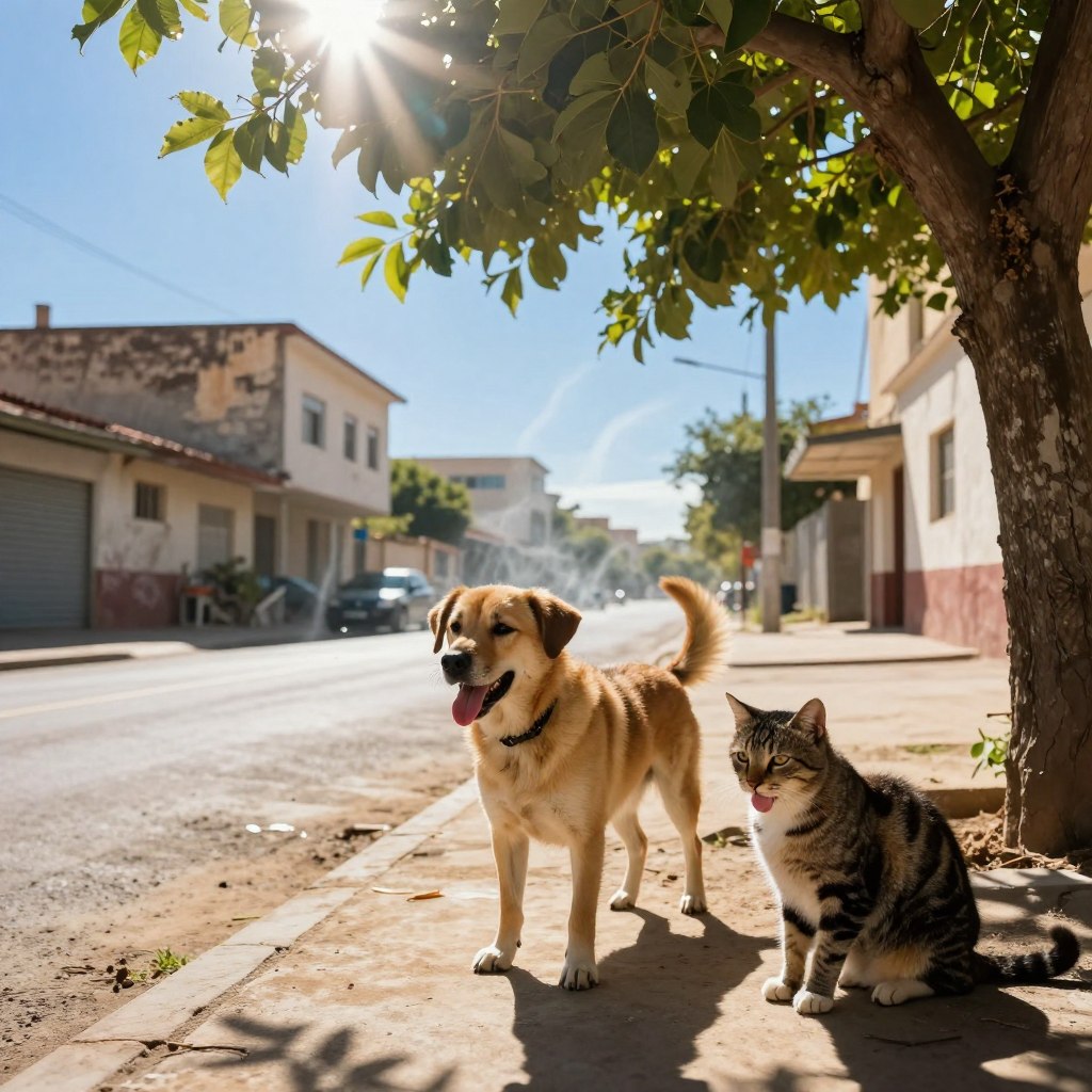 A scorching summer day depicted with extreme heat, showing a sun-drenched street with shimmering heat waves rising from the pavement. In the foreground, a panting dog seeks shade beneath a leafy tree, its fur glistening in the sunlight. Beside it, a worried cat watches, its tongue lolling out, both animals appearing distressed by the heat. In the middle ground, sun-bleached buildings exude a sense of urban desolation, while a flickering heat mirage distorts the scene. The background features a bright blue sky, almost blindingly intense. The atmosphere feels heavy and oppressive, emphasizing the dangers of heat exposure for pets. The lighting is bright and harsh, capturing the relentless glare of the sun, with a slight lens flare effect to enhance the intensity of the heat.