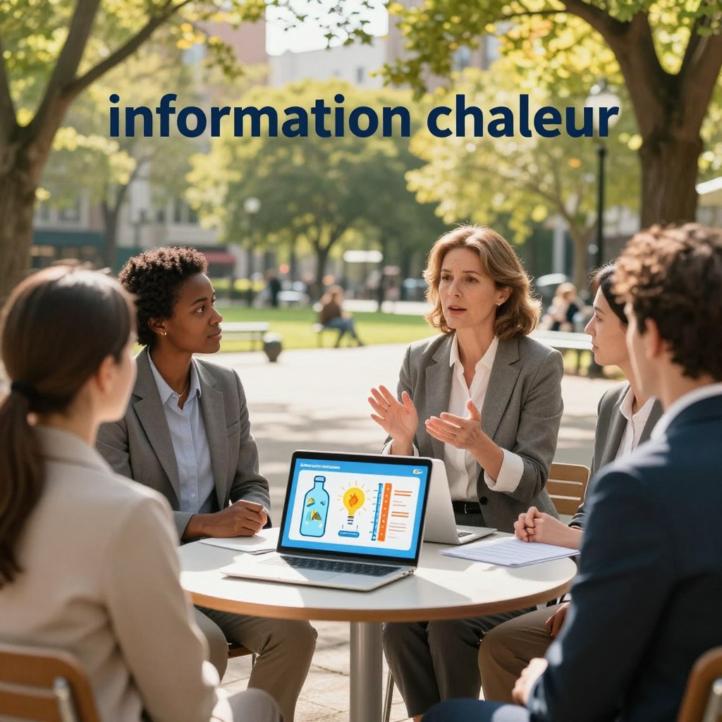 A serene and informative scene demonstrating "information chaleur" with a focus on safety during heat waves. In the foreground, a well-dressed, middle-aged woman is engagingly discussing health tips about heat safety with an attentive audience of diverse individuals, all in professional business attire. The middle layer features an open laptop displaying visually appealing graphics about hydration and heat risks, while a chart with temperature guidelines is slightly visible. In the background, a bright and sunny urban park is depicted, with trees casting dappled shadows and a clear blue sky, evoking a warm summer's day. The lighting is soft, with a golden hue that symbolizes warmth but contrasts with the awareness of heat safety. The overall atmosphere is one of caution and education, emphasizing the importance of staying informed. A serene and informative scene demonstrating "information chaleur" with a focus on safety during heat waves. In the foreground, a well-dressed, middle-aged woman is engagingly discussing health tips about heat safety with an attentive audience of diverse individuals, all in professional business attire. The middle layer features an open laptop displaying visually appealing graphics about hydration and heat risks, while a chart with temperature guidelines is slightly visible. In the background, a bright and sunny urban park is depicted, with trees casting dappled shadows and a clear blue sky, evoking a warm summer's day. The lighting is soft, with a golden hue that symbolizes warmth but contrasts with the awareness of heat safety. The overall atmosphere is one of caution and education, emphasizing the importance of staying informed.