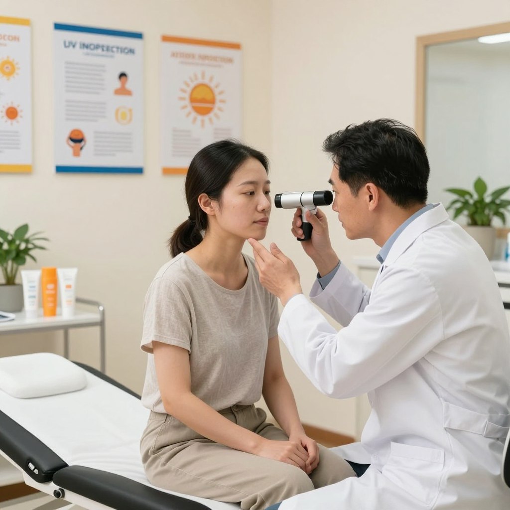 A serene clinic environment focused on skin health after sun exposure. In the foreground, a dermatologist in a white lab coat attentively examines a patient's skin with a dermatoscope. The patient, dressed in modest casual clothing, looks relaxed and engaged in the consultation. In the middle, a wall is adorned with educational posters on UV protection and skincare. A modern treatment table and skincare products like sunscreens and creams are visible. The background features soft, natural lighting, creating a calm atmosphere with house plants adding a touch of warmth. The composition captures a sense of professionalism and care, emphasizing the importance of dermatological follow-up for skin health after sun exposure. A serene clinic environment focused on skin health after sun exposure. In the foreground, a dermatologist in a white lab coat attentively examines a patient's skin with a dermatoscope. The patient, dressed in modest casual clothing, looks relaxed and engaged in the consultation. In the middle, a wall is adorned with educational posters on UV protection and skincare. A modern treatment table and skincare products like sunscreens and creams are visible. The background features soft, natural lighting, creating a calm atmosphere with house plants adding a touch of warmth. The composition captures a sense of professionalism and care, emphasizing the importance of dermatological follow-up for skin health after sun exposure.