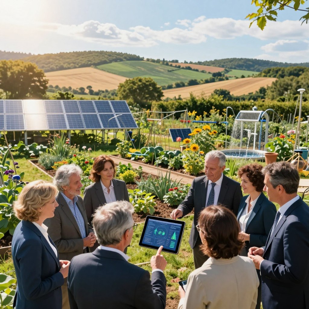 A serene landscape illustrating climate adaptation in France. In the foreground, a diverse group of professionals in business attire is engaged in a discussion, pointing towards a smart tablet displaying climate data. In the middle ground, a community garden flourishes with native plants, solar panels glisten under the sun, and a rainwater harvesting system is visible. The background showcases a vibrant French countryside with rolling hills, lush trees, and blue skies. The lighting is bright and warm, creating an optimistic atmosphere that conveys hope and resilience in the face of extreme heat. Use a wide-angle lens to capture the details and depth of the scene, ensuring a sense of community effort against climate challenges. A serene landscape illustrating climate adaptation in France. In the foreground, a diverse group of professionals in business attire is engaged in a discussion, pointing towards a smart tablet displaying climate data. In the middle ground, a community garden flourishes with native plants, solar panels glisten under the sun, and a rainwater harvesting system is visible. The background showcases a vibrant French countryside with rolling hills, lush trees, and blue skies. The lighting is bright and warm, creating an optimistic atmosphere that conveys hope and resilience in the face of extreme heat. Use a wide-angle lens to capture the details and depth of the scene, ensuring a sense of community effort against climate challenges.