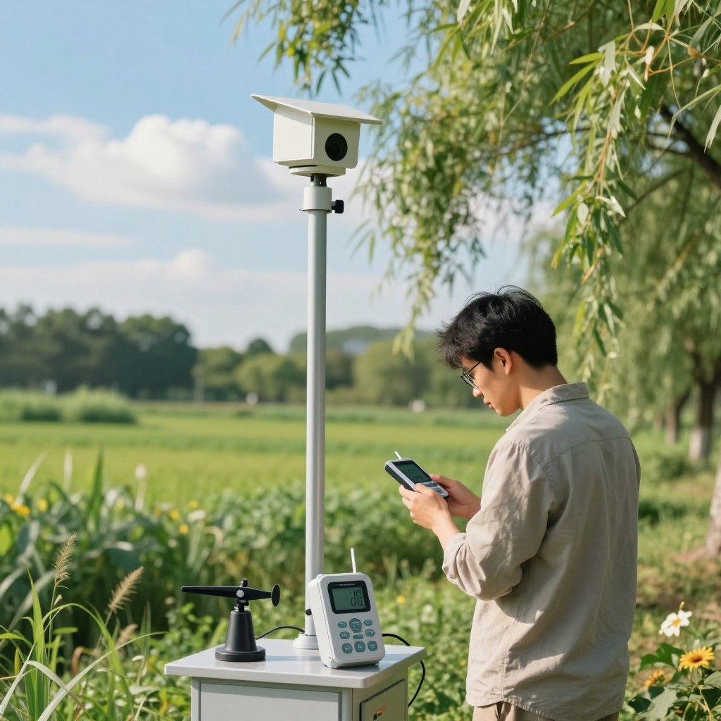 A serene outdoor environment during summer, focusing on weather monitoring and environmental surveillance. In the foreground, a tech-savvy individual in modest casual clothing is checking a portable weather device, surrounded by weather instruments like an anemometer and digital thermometers. The middle ground features a lush green landscape with trees swaying gently in a light breeze. In the background, a clear blue sky with a few fluffy white clouds, symbolizing a calm summer day. Soft, warm sunlight casts gentle shadows, enhancing the peaceful atmosphere. The perspective is slightly angled, giving depth to the scene, while maintaining a focus on the individual’s concentration and the technology used for environmental vigilance. A serene outdoor environment during summer, focusing on weather monitoring and environmental surveillance. In the foreground, a tech-savvy individual in modest casual clothing is checking a portable weather device, surrounded by weather instruments like an anemometer and digital thermometers. The middle ground features a lush green landscape with trees swaying gently in a light breeze. In the background, a clear blue sky with a few fluffy white clouds, symbolizing a calm summer day. Soft, warm sunlight casts gentle shadows, enhancing the peaceful atmosphere. The perspective is slightly angled, giving depth to the scene, while maintaining a focus on the individual’s concentration and the technology used for environmental vigilance.