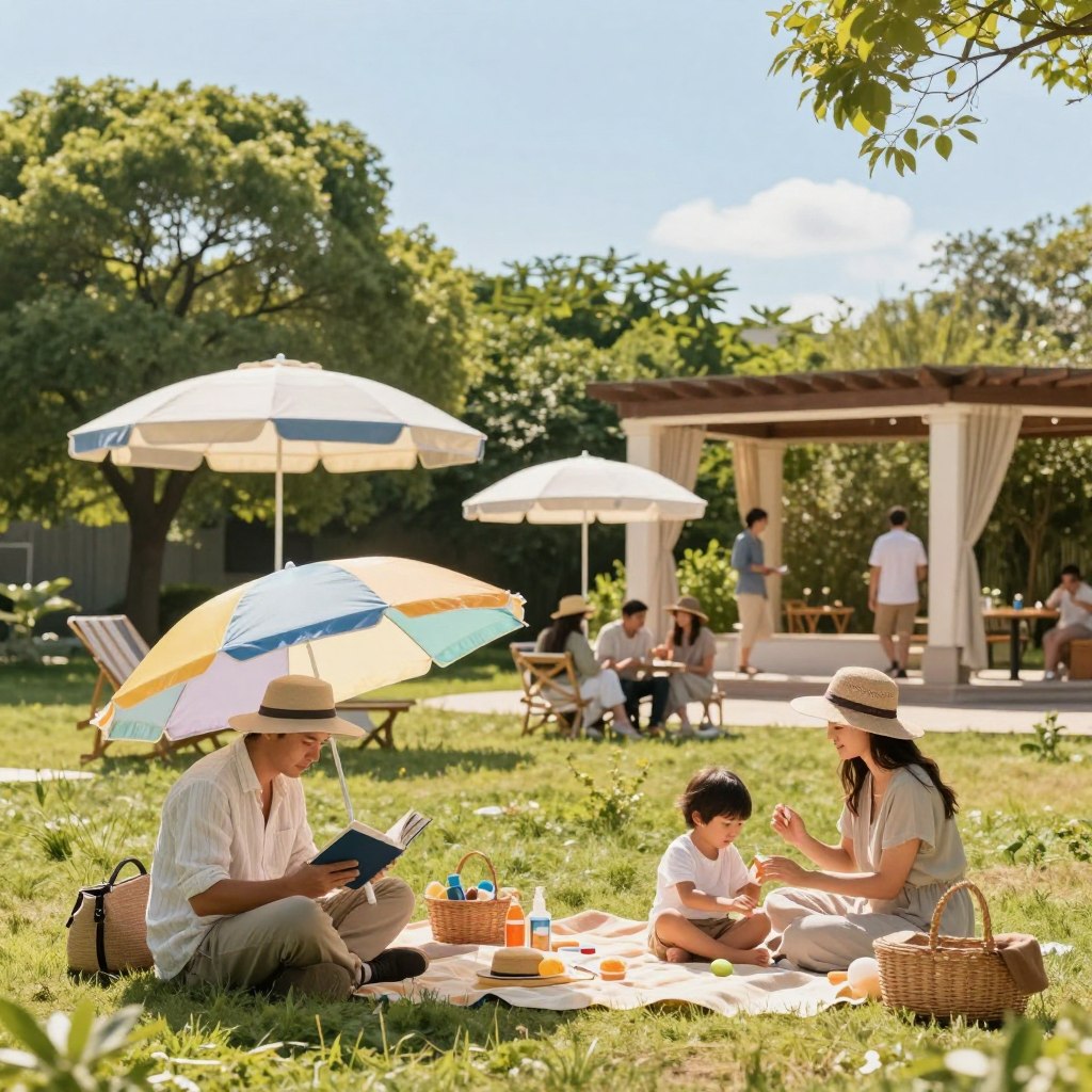 A serene outdoor scene depicting various methods of sun protection on a warm, sunny day. In the foreground, a family enjoys a picnic under a large, colorful umbrella, providing shade. A man in a light, breathable shirt and a wide-brimmed hat reads a book, while a woman sits nearby, applying sunscreen to her child. The middle ground features decorative sunshades and a stylish pergola, where friends gather to beat the heat. In the background, lush green trees and a clear blue sky bathe the area in soft, golden light, creating a warm and inviting atmosphere. Focus on capturing the essence of comfort and safety from the sun, emphasizing the importance of shade in a vibrant, lively setting.
