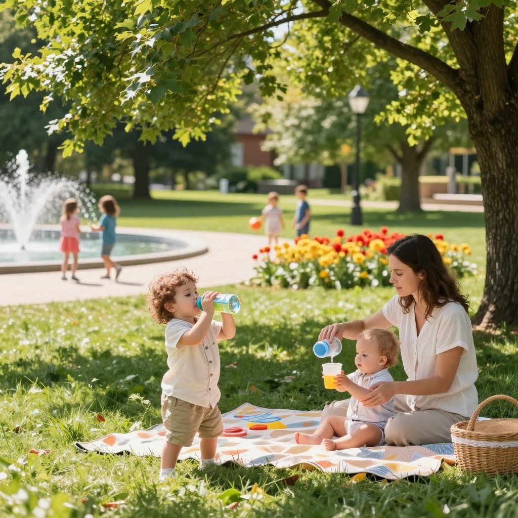 A serene outdoor scene illustrating hydration for children and babies during a hot summer day. In the foreground, a joyful toddler with light-colored clothing is drinking from a colorful water bottle, while nearby, a mother in modest casual attire gently pours water into a small cup for a toddler sitting on a soft picnic blanket. In the middle, a lush green park setting with vibrant flowers and a shady tree provides a refreshing backdrop. Bright sunlight filters through the leaves, creating dappled patterns on the ground, enhancing the feeling of a warm summer day. In the background, children are playing beside a small fountain, with sun-drenched paths inviting families to enjoy outdoor activities safely. The mood is cheerful and relaxed, emphasizing the importance of staying hydrated during heat. A serene outdoor scene illustrating hydration for children and babies during a hot summer day. In the foreground, a joyful toddler with light-colored clothing is drinking from a colorful water bottle, while nearby, a mother in modest casual attire gently pours water into a small cup for a toddler sitting on a soft picnic blanket. In the middle, a lush green park setting with vibrant flowers and a shady tree provides a refreshing backdrop. Bright sunlight filters through the leaves, creating dappled patterns on the ground, enhancing the feeling of a warm summer day. In the background, children are playing beside a small fountain, with sun-drenched paths inviting families to enjoy outdoor activities safely. The mood is cheerful and relaxed, emphasizing the importance of staying hydrated during heat.