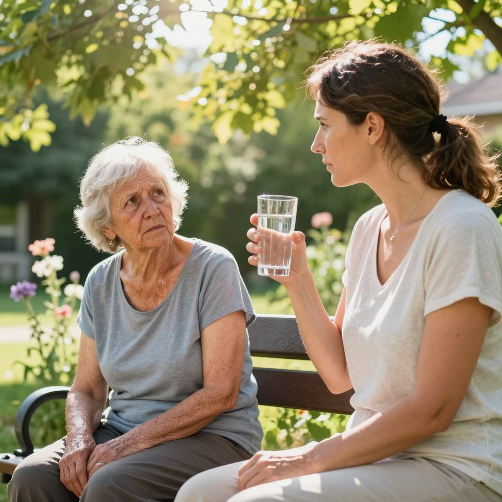 A serene outdoor setting under the bright sun, showcasing a vibrant summer environment. In the foreground, a concerned middle-aged woman in modest casual clothing holds a clear glass of water, glancing at her visibly dehydrated elderly neighbor seated on a nearby bench, who looks fatigued and sweaty. The background features sun-drenched trees and delicate flowers swaying gently in a light breeze, creating a warm yet cautionary atmosphere. Soft, natural lighting enhances the scene, with rays filtering through the leaves, casting playful shadows. Capture the essence of hydration and vigilance during the heatwave, emphasizing the importance of recognizing signs of dehydration in a community setting, while maintaining a focus on health and wellness.