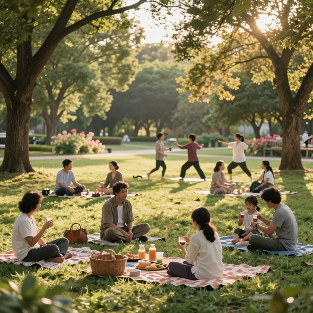 A serene park setting during the late afternoon, showcasing individuals and families engaging in relaxing activities to recover from a heatwave. In the foreground, a diverse group of people, dressed in comfortable, modest casual clothing, are enjoying refreshments and lounging on picnic blankets under shade trees. In the middle ground, others are participating in gentle exercises like yoga or tai chi, highlighting the importance of movement for recovery. In the background, soft sunlight filters through the leaves, casting dappled shadows, with vibrant greenery and blooming flowers that evoke a sense of rejuvenation. The overall mood is peaceful and restorative, emphasizing health and community wellness after a challenging heatwave. Soft, warm lighting enhances the tranquil atmosphere, creating a welcoming invitation for relaxation. A serene park setting during the late afternoon, showcasing individuals and families engaging in relaxing activities to recover from a heatwave. In the foreground, a diverse group of people, dressed in comfortable, modest casual clothing, are enjoying refreshments and lounging on picnic blankets under shade trees. In the middle ground, others are participating in gentle exercises like yoga or tai chi, highlighting the importance of movement for recovery. In the background, soft sunlight filters through the leaves, casting dappled shadows, with vibrant greenery and blooming flowers that evoke a sense of rejuvenation. The overall mood is peaceful and restorative, emphasizing health and community wellness after a challenging heatwave. Soft, warm lighting enhances the tranquil atmosphere, creating a welcoming invitation for relaxation.