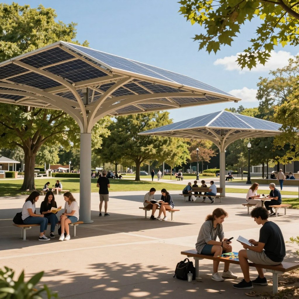 A serene public park scene under the bright summer sun, showcasing various innovative solutions for combating heat. In the foreground, a spacious shaded area created by a large, beautifully designed canopy with solar panels embedded, providing shade to people below. A group of individuals, dressed in casual summer attire, enjoy leisurely activities like reading, playing board games, and chatting, all in a relaxed atmosphere. In the middle ground, public benches are strategically placed under mature trees, casting dappled shadows on the ground. The background reveals a vibrant landscape with more trees and inviting picnic spots, creating a sense of community. The lighting is warm and inviting, emphasizing a bright blue sky, while the overall mood conveys comfort and tranquility on a hot day.