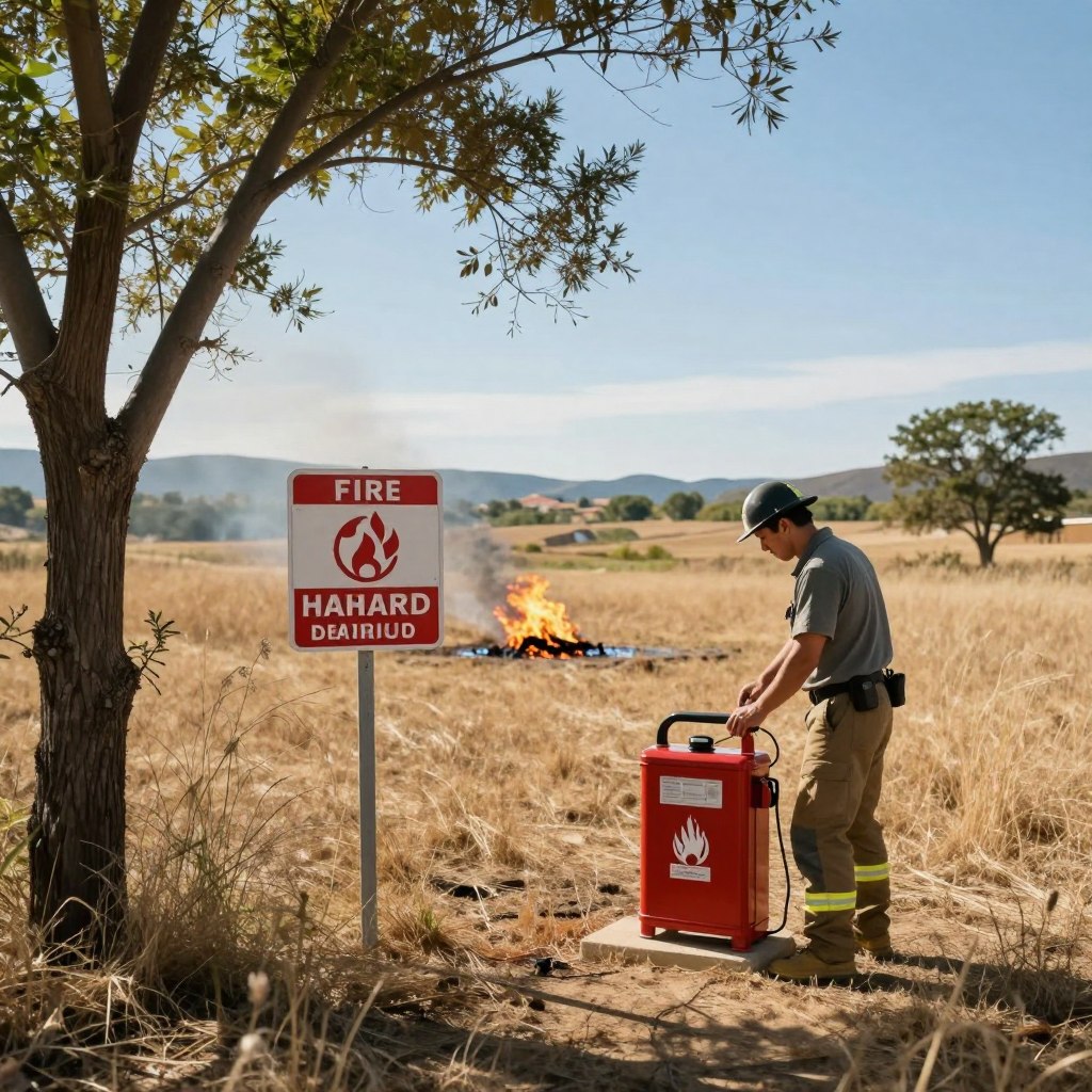 A serene summer landscape with dry grass and trees in the foreground, showcasing a professional fire prevention expert in modest casual clothing, inspecting fire safety equipment. In the middle ground, place a clearly labeled fire hazard sign and a small controlled burn area under supervision. The background features a clear blue sky with high temperatures implied by shimmering heat waves, surrounded by distant hills. Soft sunlight casts gentle shadows, giving a warm yet serious atmosphere. Capture the scene from a slightly elevated angle to emphasize the precautions taken, showcasing the importance of fire prevention during extreme heat. Aim for a realistic, educational tone that highlights safety measures against summer fires. A serene summer landscape with dry grass and trees in the foreground, showcasing a professional fire prevention expert in modest casual clothing, inspecting fire safety equipment. In the middle ground, place a clearly labeled fire hazard sign and a small controlled burn area under supervision. The background features a clear blue sky with high temperatures implied by shimmering heat waves, surrounded by distant hills. Soft sunlight casts gentle shadows, giving a warm yet serious atmosphere. Capture the scene from a slightly elevated angle to emphasize the precautions taken, showcasing the importance of fire prevention during extreme heat. Aim for a realistic, educational tone that highlights safety measures against summer fires.