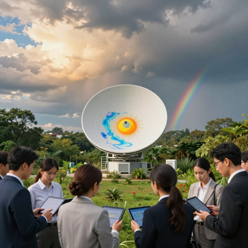 A serene yet dynamic landscape depicting long-term weather forecasting in the context of climate change. In the foreground, a diverse group of professionals, dressed in business attire, study weather data on digital tablets, showcasing their focused expressions. The middle ground features a large, advanced weather radar system surrounded by greenery, symbolizing the blend of technology and nature. The background displays an expansive sky with vibrant, shifting clouds representing various weather patterns, transitioning from sunny to stormy, with a faint rainbow arcing across the scene. Soft, natural lighting illuminates the scene, creating an optimistic yet urgent mood, capturing the essence of meteorology and the impact of climate change.