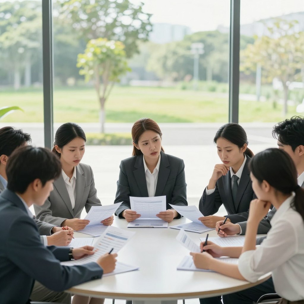 A serene yet thought-provoking scene illustrating the long-term effects of heat exposure. In the foreground, depict a diverse group of individuals dressed in professional clothing, sitting at a round table in a bright, modern office. Their expressions reflect concern as they review medical charts showing symptoms of heat-related illnesses. In the middle ground, a large, clear window shows a sunny, outdoor setting, emphasizing the harsh sunlight outside. The background features a green landscape with a few trees, signifying recovery and resilience. Use soft, natural lighting to create a balanced, professional mood, and add a slight blur to the background to focus on the individuals and their discussion, captured at eye level with a wide-angle lens.