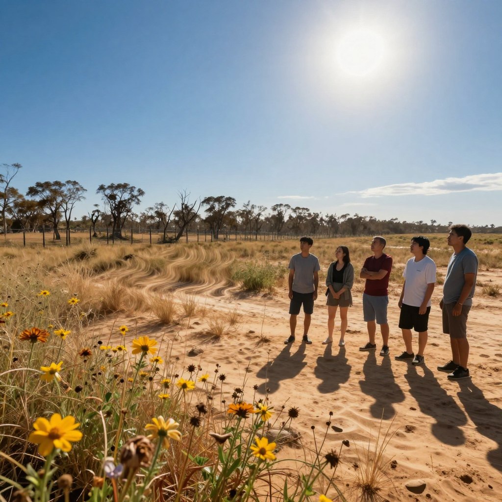 A shimmering heatwave distorts the landscape, creating a surreal visual effect of wavering air over sun-scorched earth. In the foreground, vibrant wildflowers wilt under the intense sunlight, while a small group of diverse people in modest casual clothing stand together, contemplating the rising temperature. Their expressions reflect awareness and concern, emphasizing the importance of prevention. The middle ground features a fence line lined with parched grass and a distant line of trees wilting from the heat. In the background, a bright blue sky is filled with a glowing sun, casting harsh shadows that enhance the mood of tension and urgency. The scene is richly colored, with sharp contrasts and an emphasis on natural light, evoking the stark realities of extreme heat and the need for community awareness. A shimmering heatwave distorts the landscape, creating a surreal visual effect of wavering air over sun-scorched earth. In the foreground, vibrant wildflowers wilt under the intense sunlight, while a small group of diverse people in modest casual clothing stand together, contemplating the rising temperature. Their expressions reflect awareness and concern, emphasizing the importance of prevention. The middle ground features a fence line lined with parched grass and a distant line of trees wilting from the heat. In the background, a bright blue sky is filled with a glowing sun, casting harsh shadows that enhance the mood of tension and urgency. The scene is richly colored, with sharp contrasts and an emphasis on natural light, evoking the stark realities of extreme heat and the need for community awareness.