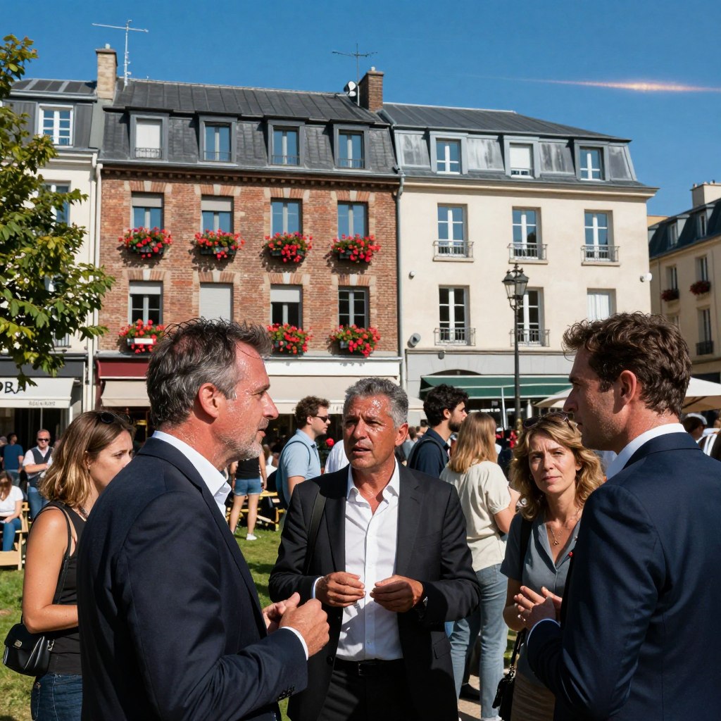 A striking scene depicting a heatwave in a contemporary French urban environment. In the foreground, a small group of diverse individuals in professional attire gather at a park, visibly sweating but engaged in animated conversation. In the middle ground, sun-drenched buildings with brick facades and vibrant flowers in window boxes reflect the intensity of the summer sun. The background features a clear blue sky, with shimmering heat waves visually altering the horizon. The lighting is intensely bright, casting strong shadows and highlighting the effect of the heat. Capture the atmosphere of summer in France, emphasizing both the discomfort and the vibrant social interactions amidst the warmth. The composition should evoke a sense of both urgency and community in the face of rising temperatures.