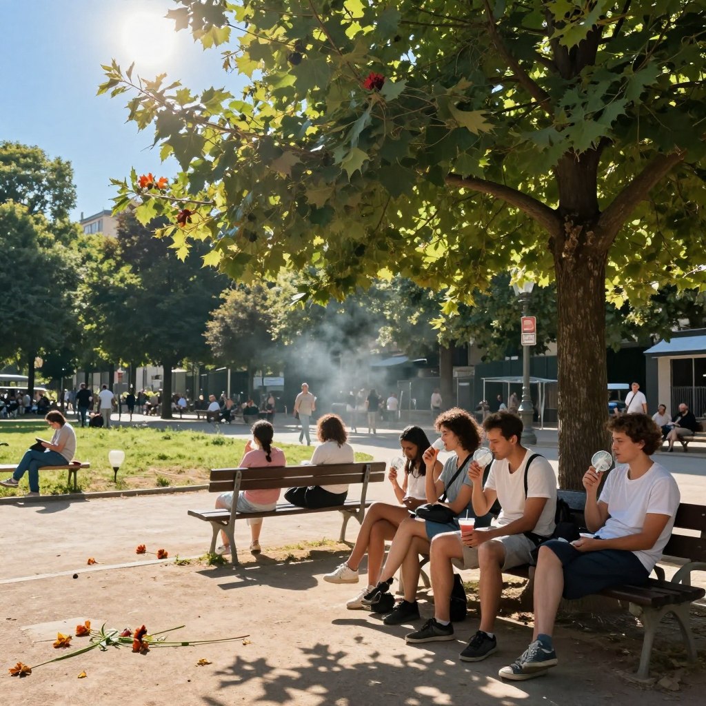 A sun-drenched, urban park scene during an extreme heatwave in France. In the foreground, a group of diverse individuals dressed in light, modest casual clothing seek shade under a large, leafy tree, sipping cold beverages and using handheld fans. The middle ground features a sun-soaked park bench sizzling on the hot pavement, surrounded by wilted flowers and parched grass, emphasizing the severity of the heat. In the background, a bright blue sky dominates, with a glaring sun casting sharp shadows, creating an intense atmosphere. Soft lighting highlights the shimmering heat haze above the pavement, suggesting the oppressive warmth. The overall mood is one of discomfort yet resilience, showcasing the crucial need for protection from extreme heat. A sun-drenched, urban park scene during an extreme heatwave in France. In the foreground, a group of diverse individuals dressed in light, modest casual clothing seek shade under a large, leafy tree, sipping cold beverages and using handheld fans. The middle ground features a sun-soaked park bench sizzling on the hot pavement, surrounded by wilted flowers and parched grass, emphasizing the severity of the heat. In the background, a bright blue sky dominates, with a glaring sun casting sharp shadows, creating an intense atmosphere. Soft lighting highlights the shimmering heat haze above the pavement, suggesting the oppressive warmth. The overall mood is one of discomfort yet resilience, showcasing the crucial need for protection from extreme heat.