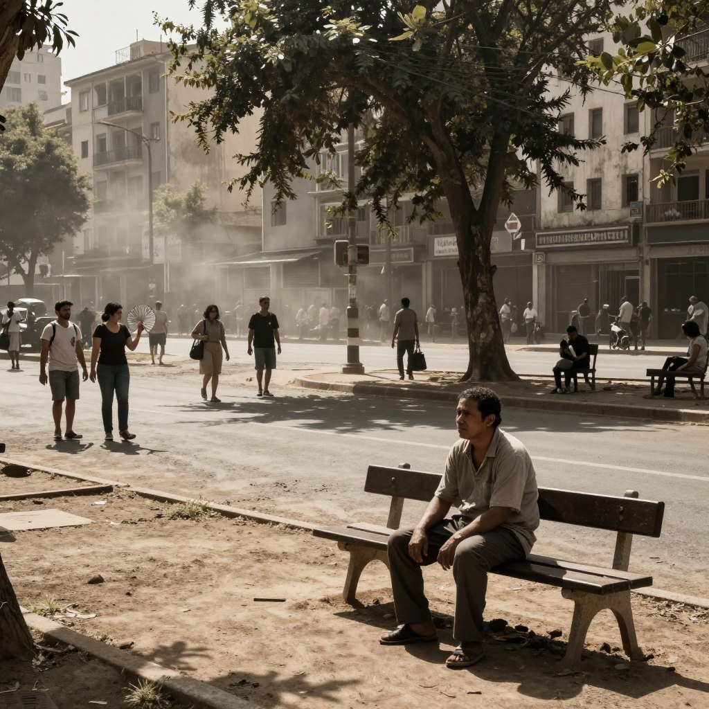 A sun-scorched urban landscape during a heatwave, highlighting the mental strain on residents. In the foreground, a lone figure, dressed in modest casual clothing, sits on a park bench, gazing blankly into the distance, reflecting stress and fatigue. The middle ground depicts a street scene with people fanning themselves, visibly uncomfortable, and a few seeking shade under large trees. In the background, buildings shimmer under the oppressive sun, with heat waves visible in the air. The lighting is harsh, casting long shadows that accentuate the feeling of exhaustion. The atmosphere is heavy, evoking a sense of isolation and vulnerability related to mental health during extreme heat conditions.
