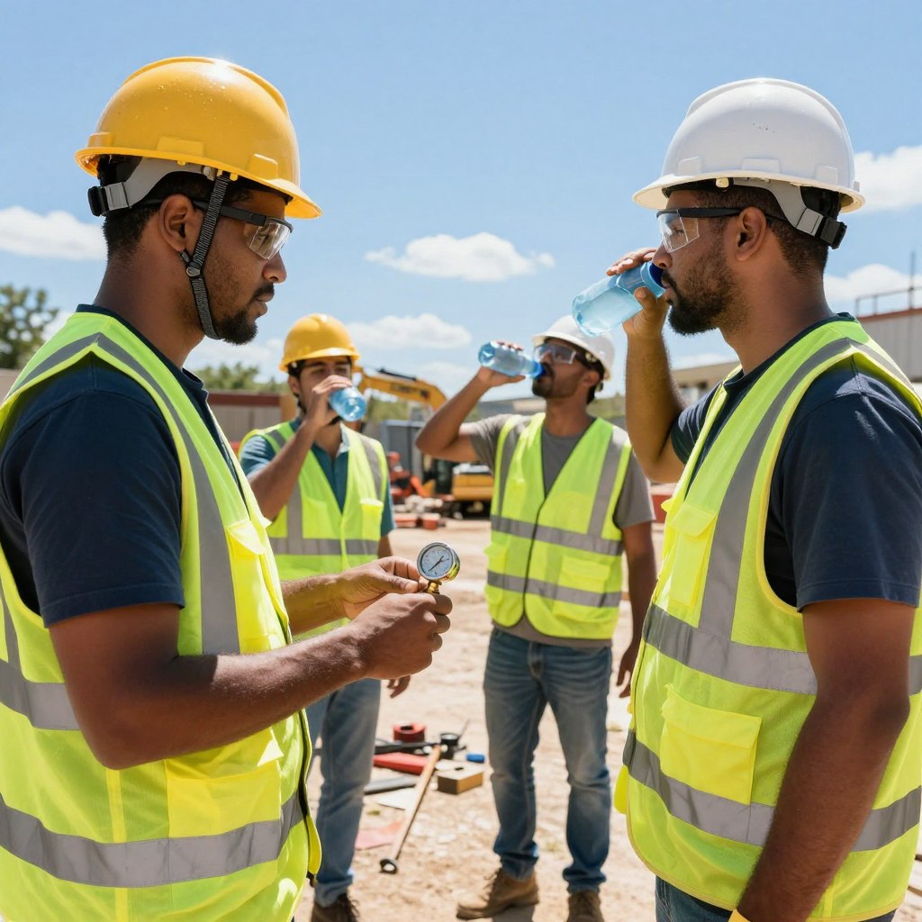 A sunlit outdoor scene depicting a diverse group of construction workers wearing safety gear, including hard hats, reflective vests, and protective glasses, actively working on a site under the sweltering sun. In the foreground, a worker carefully checks a temperature gauge, while two others hydrate with water bottles. The middle ground features construction machinery and tools scattered about, while the background reveals a bright blue sky with few clouds, emphasizing the heat of the day. The lighting is vibrant and harsh, casting distinct shadows, creating a sense of urgency and awareness. The mood conveys a serious yet proactive approach to handling heat risk, emphasizing safety and teamwork in challenging working conditions.