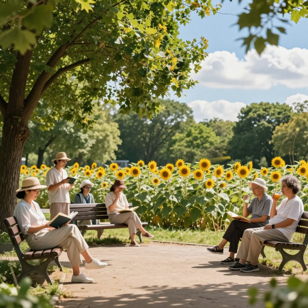A sunlit outdoor scene depicting a serene, shaded park during a heatwave. In the foreground, a diverse group of adults dressed in light, modest summer clothing is engaged in relaxing activities: one person reads a book on a bench while another enjoys a refreshing drink under a large leafy tree. The middle ground features sunflowers and lush greenery, emphasizing nature's vitality despite the heat. In the background, a bright blue sky is dotted with fluffy white clouds, casting gentle shadows on the scene. The atmosphere is calming and inviting, with warm golden light enhancing the sense of summer tranquility. The focus is on creating a sense of awareness and proactive measures taken to handle heat fatigue, promoting a healthy lifestyle. A sunlit outdoor scene depicting a serene, shaded park during a heatwave. In the foreground, a diverse group of adults dressed in light, modest summer clothing is engaged in relaxing activities: one person reads a book on a bench while another enjoys a refreshing drink under a large leafy tree. The middle ground features sunflowers and lush greenery, emphasizing nature's vitality despite the heat. In the background, a bright blue sky is dotted with fluffy white clouds, casting gentle shadows on the scene. The atmosphere is calming and inviting, with warm golden light enhancing the sense of summer tranquility. The focus is on creating a sense of awareness and proactive measures taken to handle heat fatigue, promoting a healthy lifestyle.