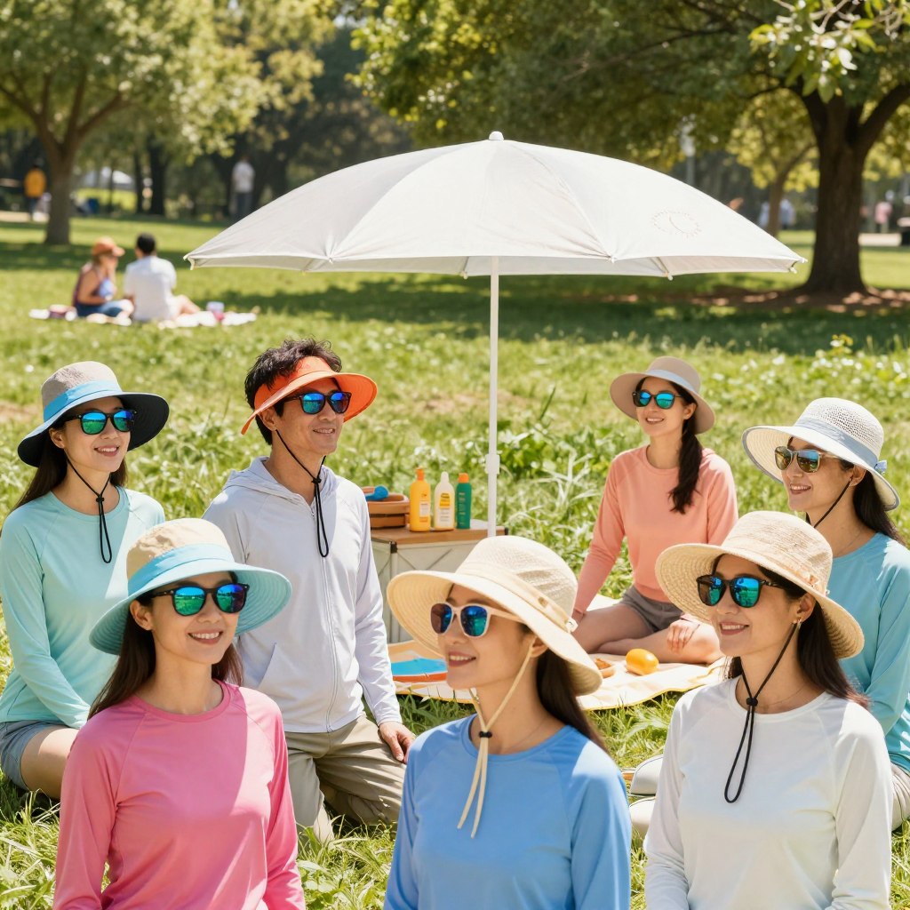 A sunny outdoor scene showcasing various sun protection accessories. In the foreground, a diverse group of adults are wearing stylish sun hats, UV-blocking sunglasses, and lightweight, long-sleeve clothing, all in vibrant colors. The middle ground features a picnic setup with a portable sunshade, sunscreen bottles, and a beach umbrella to highlight optimal sun protection methods. The background includes a sunny park landscape with trees and people enjoying the weather, emphasizing the importance of sun safety. The lighting is bright and cheerful, casting soft shadows to enhance the feeling of a warm day. The mood is lively and relaxed, promoting a sense of awareness and safety against sun exposure. A sunny outdoor scene showcasing various sun protection accessories. In the foreground, a diverse group of adults are wearing stylish sun hats, UV-blocking sunglasses, and lightweight, long-sleeve clothing, all in vibrant colors. The middle ground features a picnic setup with a portable sunshade, sunscreen bottles, and a beach umbrella to highlight optimal sun protection methods. The background includes a sunny park landscape with trees and people enjoying the weather, emphasizing the importance of sun safety. The lighting is bright and cheerful, casting soft shadows to enhance the feeling of a warm day. The mood is lively and relaxed, promoting a sense of awareness and safety against sun exposure.