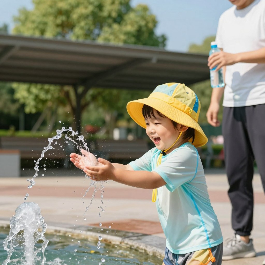 A sunny scene depicting a young child enjoying a hot summer day, wearing a bright colored sun hat and UV-protective clothing. In the foreground, the child is playfully splashing water at a small fountain, with a look of joy and excitement. The middle ground features a shaded area with an adult nearby, holding a water bottle, ensuring hydration. In the background, lush green trees provide a contrast to the clear blue sky, emphasizing a protective environment. The lighting is warm and bright, creating a cheerful mood. The image is captured with a soft focus lens to enhance the feeling of warmth and safety, while the angle showcases both the child’s joyful expression and the care of the adult present.