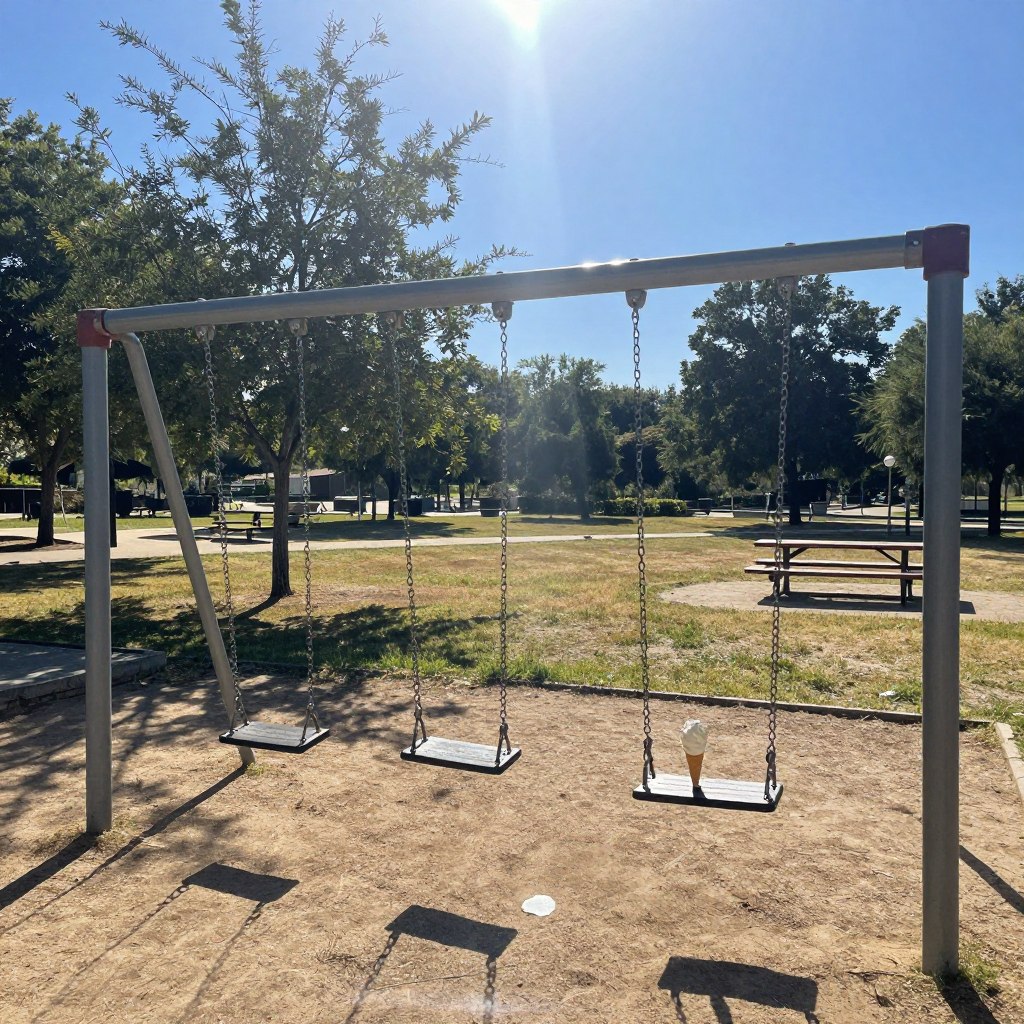 A sweltering summer day under a blazing sun, showcasing an empty park scene that emphasizes the heat of a heatwave. In the foreground, a deserted playground with swings swaying slightly in the breeze, shaded by a few sparse trees. The middle ground features sunbaked grass with a couple of picnic tables, one with an abandoned ice cream cone slowly melting in the heat. The background reveals a clear blue sky without clouds, shimmering heat waves rising from the pavement. The lighting is bright and harsh, casting sharp shadows, capturing the oppressive atmosphere of a canicule. The mood is stifling and reflective, urging viewers to consider the discomfort and dangers of outdoor activities during extreme heat. No people are present to emphasize the desolation and seriousness of the situation.