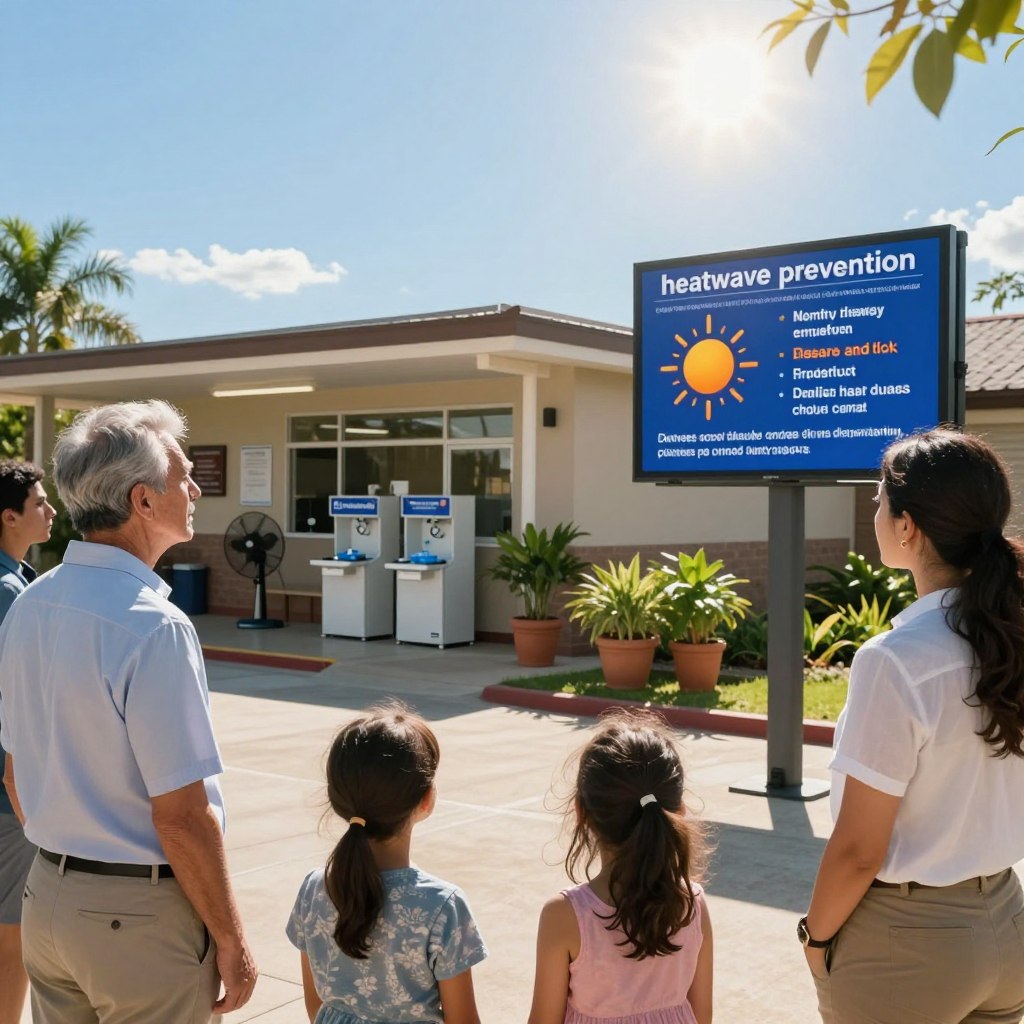 A thoughtful scene illustrating "heatwave prevention" measures in a community setting. In the foreground, a diverse group of people in modest, professional attire, including a concerned elderly man and a young family, are attentively observing a digital weather alert screen displaying advisories for extreme heat. In the middle ground, a community center equipped with hydration stations and fans, surrounded by potted plants, emphasizes a proactive approach to heat safety. The background features a bright blue sky with a shimmering sun, casting warm light over the scene, enhancing the feeling of summer while balancing it with a sense of urgency. Soft shadows create depth, while the overall mood encourages awareness and preparedness against heat-related risks.