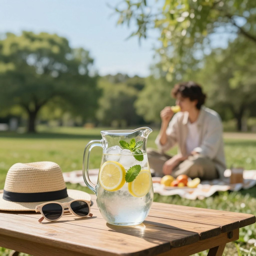 A tranquil scene depicting the concept of recovery from heat exposure, set outdoors during a warm sunny day. In the foreground, a refreshing pitcher of water filled with ice, lemon slices, and mint leaves sits on a wooden table. Beside it, a pair of sunglasses and a sun hat are neatly arranged, suggesting a moment of relaxation. In the middle ground, a serene figure dressed in modest casual clothing, sitting on a picnic blanket, enjoys a light meal of fruits. The background features lush green trees gently swaying in a soft breeze under a clear blue sky. The sunlight casts a warm and inviting glow over the scene, evoking a sense of calm and refreshment. Capture the image with a soft focus, highlighting the elements of hydration and respite.