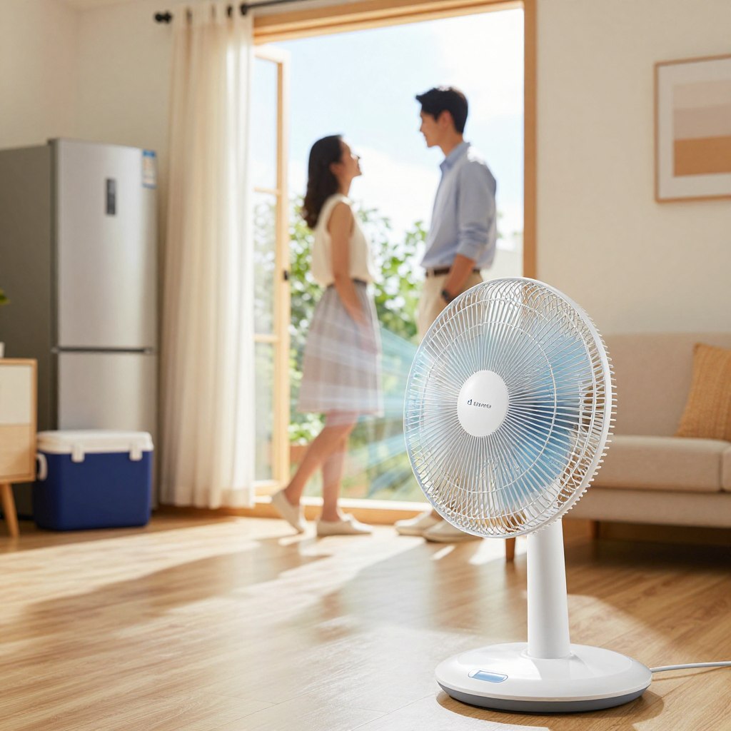 A vibrant and refreshing interior scene depicting the impact of electrical appliances on heat during a heatwave. In the foreground, a sleek, modern fan gently circulates air, creating a sense of movement. In the middle ground, a couple dressed in professional yet casual attire is comfortably positioned near an open window, with light curtains billowing. The background features a cozy living space with energy-efficient appliances, such as a refrigerator and a cooler, subtly emphasized. Natural light streams in, casting soft, warm tones that contrast with the coolness of the fan. The atmosphere is calm and inviting, illustrating the importance of ventilation and cooling during hot weather. The composition captures a sense of relief and comfort in the heat, while maintaining a clear focus on the interaction between cooling devices and the environment.
