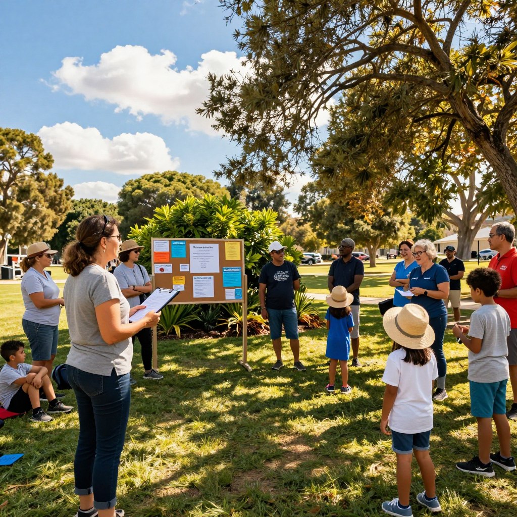 A vibrant community gathering in a sun-drenched park, showcasing diverse individuals of various ages discussing heatwave initiatives. In the foreground, a middle-aged woman in smart casual clothing holds a clipboard, while children play nearby, wearing hats and light clothing. The middle ground features a community board with colorful flyers about heat safety, surrounded by plants and trees providing shade. The background shows a bright blue sky with a few fluffy clouds, highlighting the warmth of the day. The scene is bathed in warm, golden sunlight, creating an inviting atmosphere. Capture this moment with a slight tilt-angle perspective to add dynamic interest, evoking a sense of community and proactive engagement in health awareness during heatwaves. A vibrant community gathering in a sun-drenched park, showcasing diverse individuals of various ages discussing heatwave initiatives. In the foreground, a middle-aged woman in smart casual clothing holds a clipboard, while children play nearby, wearing hats and light clothing. The middle ground features a community board with colorful flyers about heat safety, surrounded by plants and trees providing shade. The background shows a bright blue sky with a few fluffy clouds, highlighting the warmth of the day. The scene is bathed in warm, golden sunlight, creating an inviting atmosphere. Capture this moment with a slight tilt-angle perspective to add dynamic interest, evoking a sense of community and proactive engagement in health awareness during heatwaves.