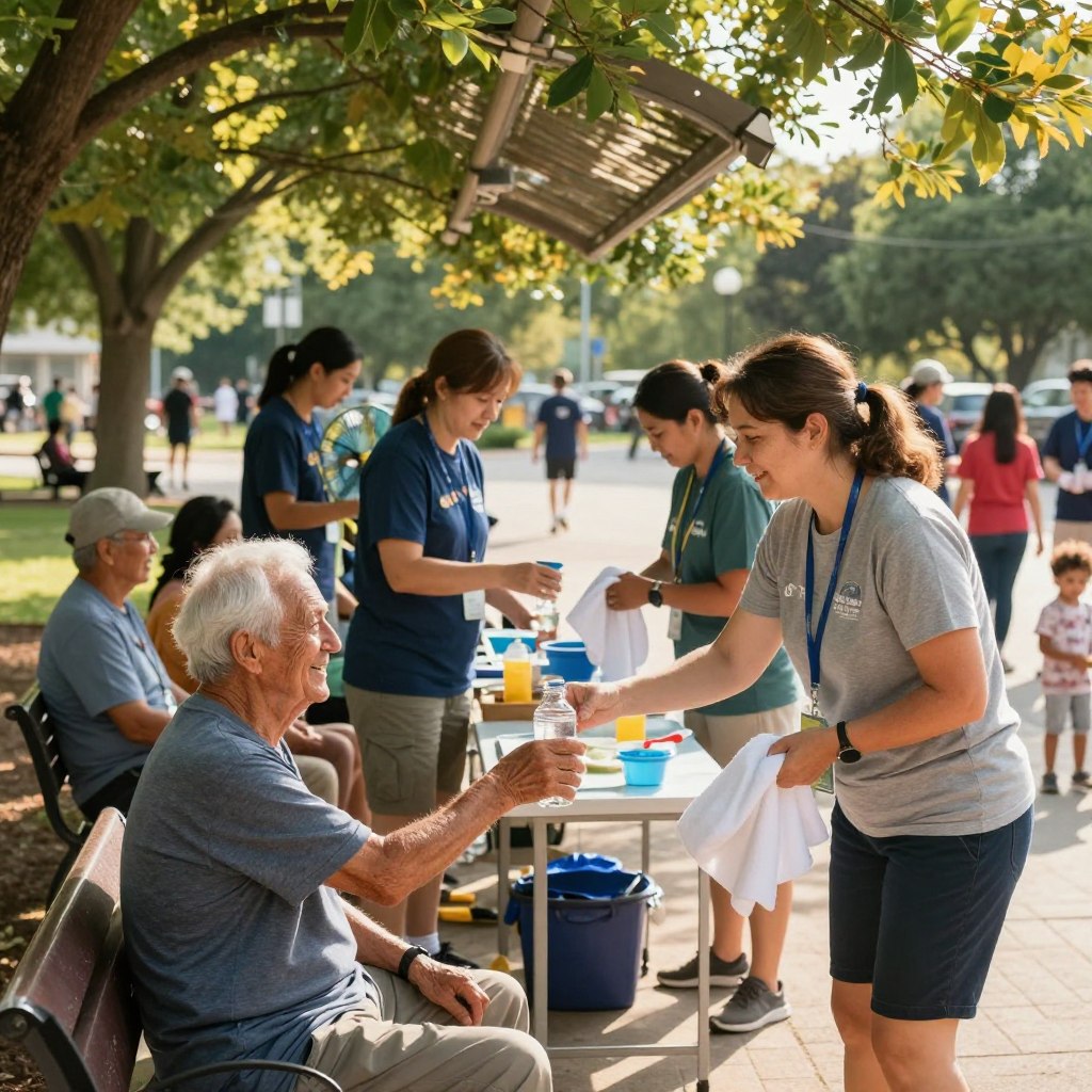 A vibrant community scene during a heatwave, showcasing diverse volunteers assisting residents. In the foreground, a middle-aged woman in modest casual clothing offers cold water to an elderly gentleman sitting on a shaded bench, both smiling warmly. In the middle, a dedicated group of volunteers set up a shaded area with fans, distributing cooling towels and refreshments. The background features a local park with green trees providing shade and families enjoying the outdoor space, emphasizing community support. Soft golden sunlight filters through the leaves, creating a warm, inviting atmosphere. Shot from a slightly elevated angle to capture both the action and the serenity of the park, highlighting the collaborative spirit of local initiatives during the heatwave. A vibrant community scene during a heatwave, showcasing diverse volunteers assisting residents. In the foreground, a middle-aged woman in modest casual clothing offers cold water to an elderly gentleman sitting on a shaded bench, both smiling warmly. In the middle, a dedicated group of volunteers set up a shaded area with fans, distributing cooling towels and refreshments. The background features a local park with green trees providing shade and families enjoying the outdoor space, emphasizing community support. Soft golden sunlight filters through the leaves, creating a warm, inviting atmosphere. Shot from a slightly elevated angle to capture both the action and the serenity of the park, highlighting the collaborative spirit of local initiatives during the heatwave.