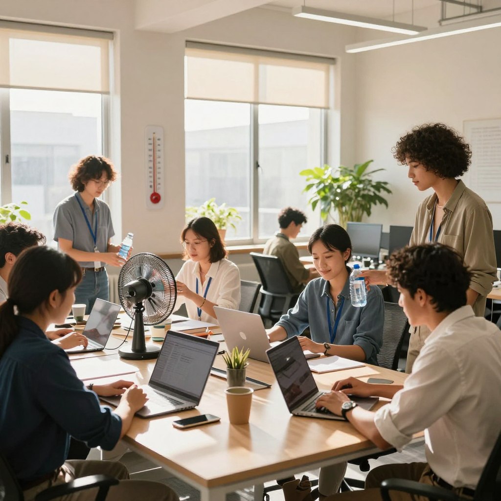A vibrant office scene during a hot summer day, illustrating a professional workspace adapting to a heatwave. In the foreground, a diverse group of employees, dressed in smart casual attire, collaborate around a large table with laptops and hydration stations. One person is adjusting a portable fan, and another is filling water bottles. In the middle ground, large windows allow sunlight to flood the room, helping to create a warm atmosphere. On a nearby wall, there's a mounted thermometer showing high temperatures. The background is a bright and airy office with plants and shades drawn to diffuse the light. The overall mood is one of camaraderie and proactive adjustments, with warm sunlight accentuating the sense of comfort amidst the heat.