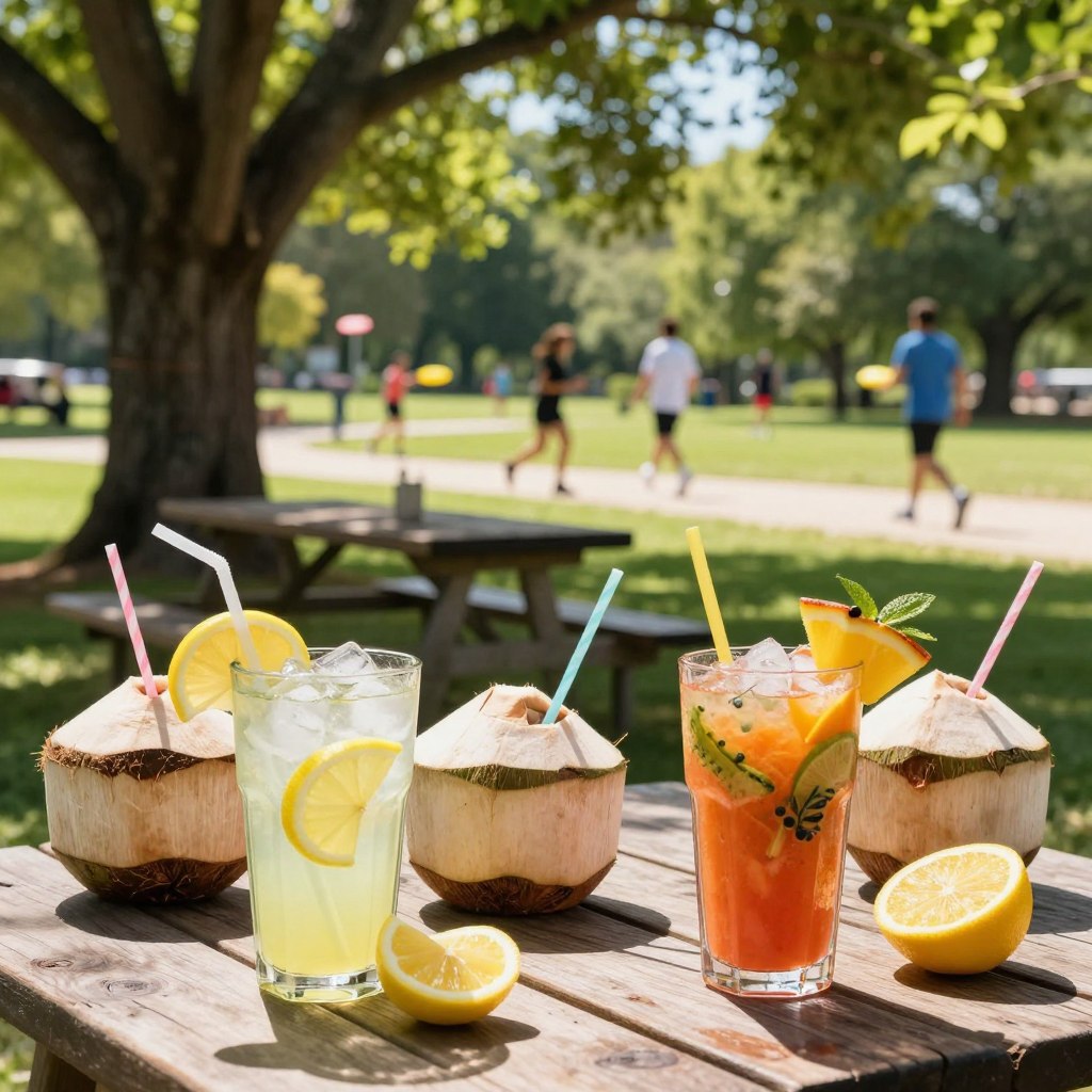 A vibrant outdoor scene depicting various refreshing hydrating beverages perfect for hot weather. In the foreground, showcase a colorful assortment of drinks: a tall glass of icy lemonade with fresh lemon slices, a coconut with a straw, and a vibrant smoothie filled with tropical fruits. The middle layer features a picnic table under the shade of a large tree, with sun-dappled light filtering through the leaves. In the background, a sunny park setting with people engaging in outdoor activities like jogging and playing frisbee, all enjoying the warm weather. The atmosphere is lively and refreshing, evoking a sense of vitality and hydration. The lighting is bright and cheerful, emphasizing the crisp colors of the drinks. The image captures the essence of staying hydrated during summer activities. A vibrant outdoor scene depicting various refreshing hydrating beverages perfect for hot weather. In the foreground, showcase a colorful assortment of drinks: a tall glass of icy lemonade with fresh lemon slices, a coconut with a straw, and a vibrant smoothie filled with tropical fruits. The middle layer features a picnic table under the shade of a large tree, with sun-dappled light filtering through the leaves. In the background, a sunny park setting with people engaging in outdoor activities like jogging and playing frisbee, all enjoying the warm weather. The atmosphere is lively and refreshing, evoking a sense of vitality and hydration. The lighting is bright and cheerful, emphasizing the crisp colors of the drinks. The image captures the essence of staying hydrated during summer activities.