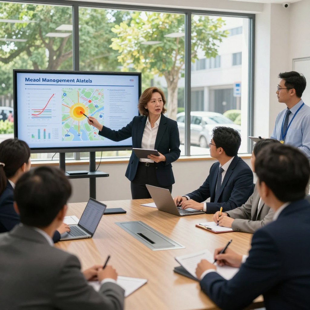 A vibrant scene depicting a local government meeting focused on heat management strategies. In the foreground, a diverse group of professionals in business attire, including a middle-aged woman presenting data on a digital tablet and a young man taking notes. The middle layer features a wall with a large screen displaying graphs and maps related to heat measures. In the background, large windows showing a sunny, urban environment with trees providing shade. The atmosphere is collaborative and proactive, with bright natural lighting enhancing the sense of urgency and action. The lens should capture the scene from a slightly elevated angle, emphasizing the interaction among the participants.