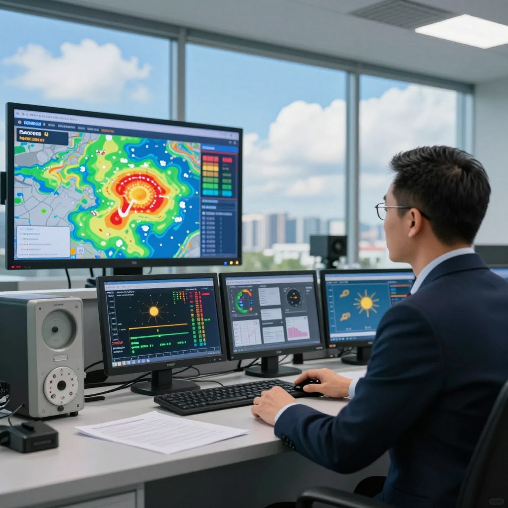 A vibrant scene depicting a modern weather monitoring center. In the foreground, a professional meteorologist, dressed in business attire, intently studies a large screen displaying colorful weather maps and alerts. The middle ground features a high-tech dashboard with blinking lights and various instruments tracking meteorological data. In the background, a large window reveals a bright blue sky with scattered clouds and a distant city skyline, emphasizing the contrast between the serene environment and the urgent need for weather vigilance. Soft, natural lighting pours in, creating a focused yet calm atmosphere. The composition captures a sense of responsibility and alertness, encouraging viewers to appreciate the importance of monitoring weather alerts during heat waves.