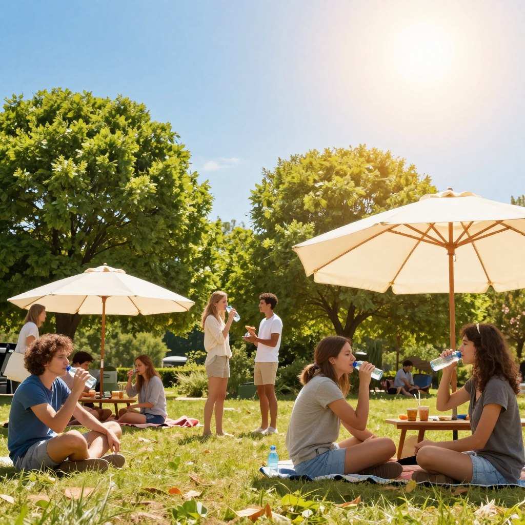 A vibrant scene depicting a sunny outdoor environment during a heat alert. In the foreground, a diverse group of people dressed in modest summer clothing engage in light, enjoyable activities, such as sipping water and resting under large shaded umbrellas. In the middle, include vivid green trees and a picnic area with refreshments, emphasizing the importance of hydration and shade. The background features a clear blue sky with the sun shining brightly, casting warm light that adds a golden hue to the scene. Use a slightly low angle to capture the brightness of the sun and the happiness of the people, creating a warm, inviting atmosphere that promotes safety and awareness during hot weather. Aim for a realistic style with clear details and warm colors.