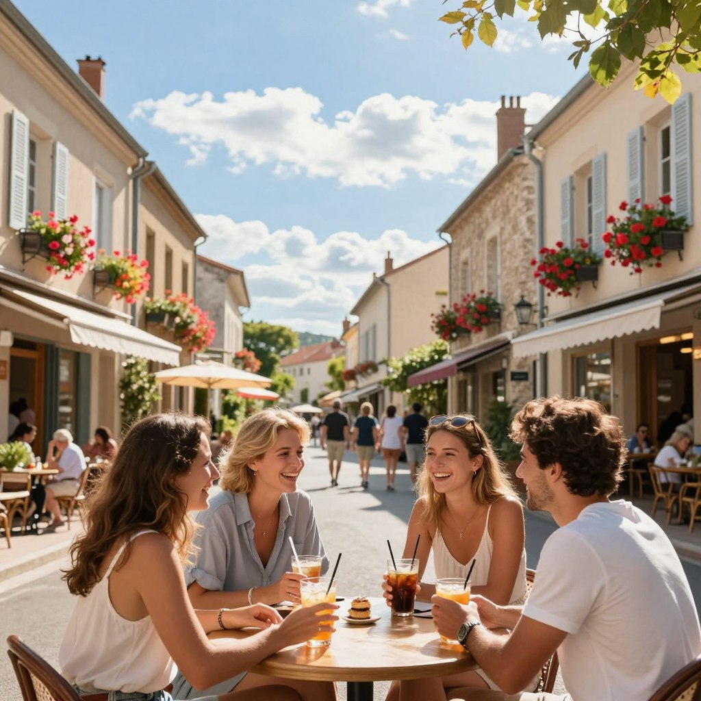 A vibrant summer scene capturing the essence of leisure and tourism in a warm French climate. Foreground: a cheerful group of four friends enjoying an outdoor café, laughing and sipping cold beverages, dressed in light, casual summer attire. Middle: a picturesque street lined with quaint buildings, colorful flower boxes, and sunlit terraces, where families and tourists stroll leisurely. Background: a bright blue sky dotted with fluffy clouds, conveying a sense of tranquility and warmth. Soft, golden sunlight bathes the scene, with gentle shadows enhancing the relaxed atmosphere. Shot from a slightly elevated angle to give a panoramic view of the lively street, evoking a feeling of joy and connection with nature. A vibrant summer scene capturing the essence of leisure and tourism in a warm French climate. Foreground: a cheerful group of four friends enjoying an outdoor café, laughing and sipping cold beverages, dressed in light, casual summer attire. Middle: a picturesque street lined with quaint buildings, colorful flower boxes, and sunlit terraces, where families and tourists stroll leisurely. Background: a bright blue sky dotted with fluffy clouds, conveying a sense of tranquility and warmth. Soft, golden sunlight bathes the scene, with gentle shadows enhancing the relaxed atmosphere. Shot from a slightly elevated angle to give a panoramic view of the lively street, evoking a feeling of joy and connection with nature.