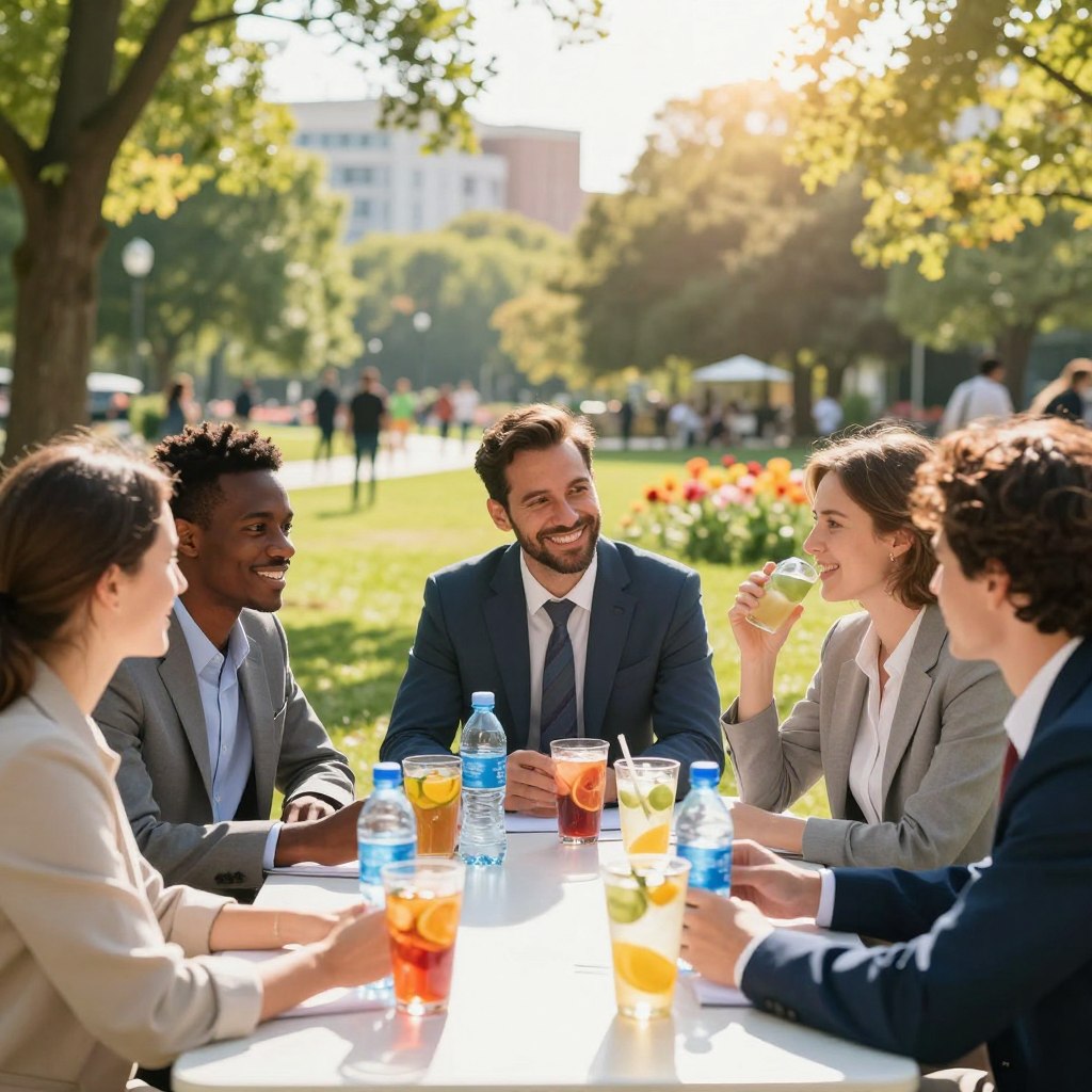 A vibrant summer scene showcasing the importance of hydration during a heatwave. In the foreground, a diverse group of professionals in smart business attire are engaged in a friendly discussion around a table filled with refreshing drinks, including water bottles and colorful fruit-infused waters. The middle ground features a sunny park setting with lush greenery and blooming flowers, suggesting a communal effort for water accessibility. In the background, distant silhouettes of buildings and trees shimmer under bright sunlight, creating an inviting atmosphere. The lighting is warm, casting soft shadows and enhancing the vivid colors of the scene. The overall mood is cooperative and optimistic, emphasizing the theme of international collaboration for water management in hot weather.
