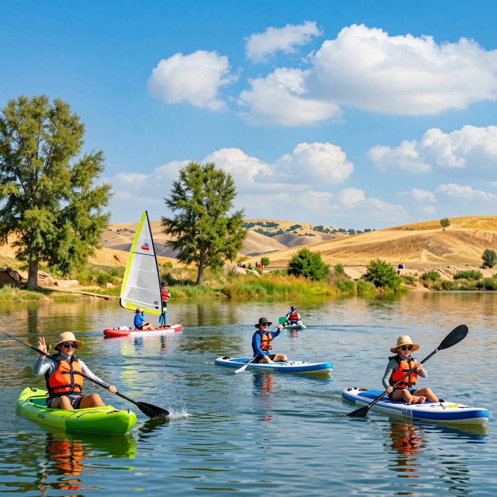 A vibrant summer scene showcasing water activities, emphasizing safety in the heat. In the foreground, a diverse group of people engaged in various nautical activities: kayaking, paddleboarding, and sailing, all wearing sun protection gear like hats and sunglasses. In the middle ground, a serene lake reflects the clear blue sky and some fluffy white clouds, with a few trees lining the shore providing shade. The background features distant rolling hills bathed in warm sunlight, enhancing the cheerful atmosphere. The lighting is bright and vivid, suggesting midday sun, while the overall mood conveys enjoyment and safety in leisure activities. The scene captures a sense of adventure while remaining family-friendly and appropriate.