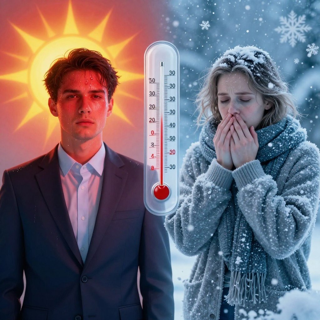 A visually striking split-image representation of hyperthermia and hypothermia. In the foreground, a human figure dressed in professional attire, shown on the left side, appears overheated, with redness on the skin and sweat droplets, surrounded by visual cues like a blazing sun and a heatwave distortion. On the right side, the same figure is depicted in a cold environment, bundled up in modest winter clothing, with pale skin and visible shivering, surrounded by snowflakes and icy blue tones. The middle ground features a thermometer with readings illustrating extreme temperatures. The background transitions from warm reds and yellows on the left to cool blues and whites on the right. Soft, dramatic lighting highlights the figures, creating a contrast that emphasizes the effects of temperature regulation anomalies. The mood oscillates between discomfort and urgency. A visually striking split-image representation of hyperthermia and hypothermia. In the foreground, a human figure dressed in professional attire, shown on the left side, appears overheated, with redness on the skin and sweat droplets, surrounded by visual cues like a blazing sun and a heatwave distortion. On the right side, the same figure is depicted in a cold environment, bundled up in modest winter clothing, with pale skin and visible shivering, surrounded by snowflakes and icy blue tones. The middle ground features a thermometer with readings illustrating extreme temperatures. The background transitions from warm reds and yellows on the left to cool blues and whites on the right. Soft, dramatic lighting highlights the figures, creating a contrast that emphasizes the effects of temperature regulation anomalies. The mood oscillates between discomfort and urgency.