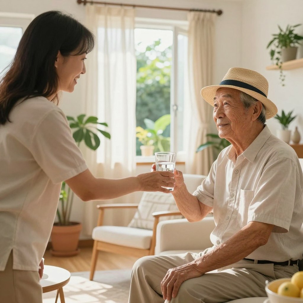 A warm summer day illustrating the concept of vigilance during a heat wave, focusing on an elderly couple in a cozy home setting. In the foreground, a caring family member, dressed in casual but neat clothing, gently offers a glass of cool water to an elderly man sitting comfortably in a sunlit living room. The elderly man, wearing a light-colored shirt and a sun hat, looks appreciatively at his family member. In the middle ground, a cozy chair is placed near an open window, revealing curtains gently swaying with a slight breeze. The background features potted plants and bright, cheerful decor that suggests a nurturing environment. Soft, natural lighting fills the space, creating a calm and inviting atmosphere that emphasizes care and attention.