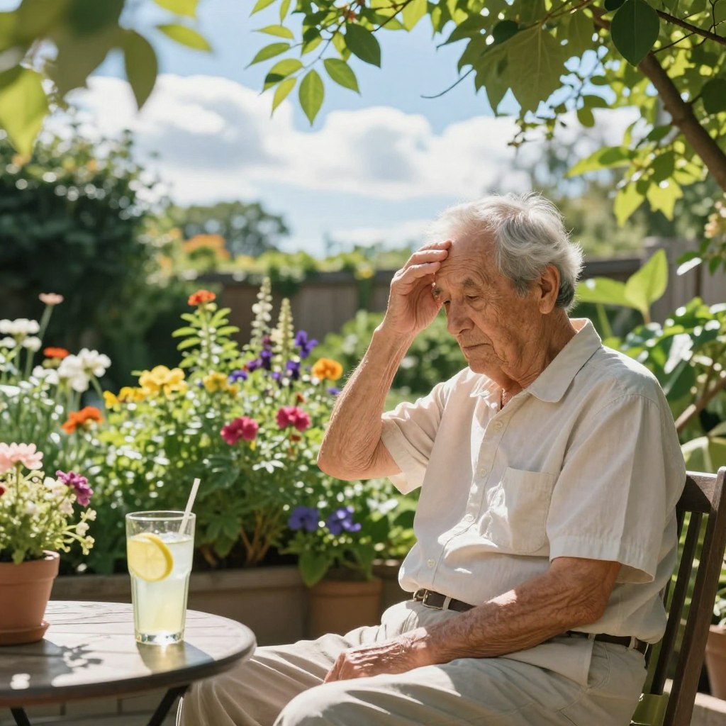 An elderly person sitting in a shaded garden, wearing light, breathable clothing, appears relaxed but concerned about the heat. In the foreground, a glass of refreshing lemonade sits on a small table beside them. In the middle ground, a vibrant array of green plants and colorful flowers offers a sense of calm. The background features a sunny sky with a few fluffy clouds, emphasizing the warmth of the day. Soft sunlight filters through the leaves, creating dappled shadows around the scene. The overall mood conveys a sense of tranquility mixed with the awareness of the potential dangers of heat for seniors. The composition captures a moment of reflection, highlighting the importance of staying cool and safe during hot weather. An elderly person sitting in a shaded garden, wearing light, breathable clothing, appears relaxed but concerned about the heat. In the foreground, a glass of refreshing lemonade sits on a small table beside them. In the middle ground, a vibrant array of green plants and colorful flowers offers a sense of calm. The background features a sunny sky with a few fluffy clouds, emphasizing the warmth of the day. Soft sunlight filters through the leaves, creating dappled shadows around the scene. The overall mood conveys a sense of tranquility mixed with the awareness of the potential dangers of heat for seniors. The composition captures a moment of reflection, highlighting the importance of staying cool and safe during hot weather.