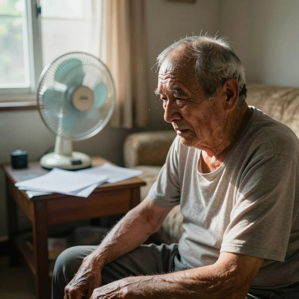 An elderly person sitting in a small, cozy living room during a summer heatwave. The foreground features a senior man, in modest casual clothing, looking distressed and worried, with beads of sweat on his forehead, capturing the psychological impact of the heat. The middle ground shows a fan running, papers scattered on a table, suggesting restlessness and discomfort. The background includes a window with bright sunlight pouring in, casting harsh shadows that enhance the oppressive atmosphere. The lighting is warm but stark, highlighting the man's weary expression. The composition is from a slightly elevated angle, invoking a sense of empathy and concern for the individual’s plight amidst the heat. The overall mood is somber, highlighting the mental strain caused by extreme heat on the elderly.
