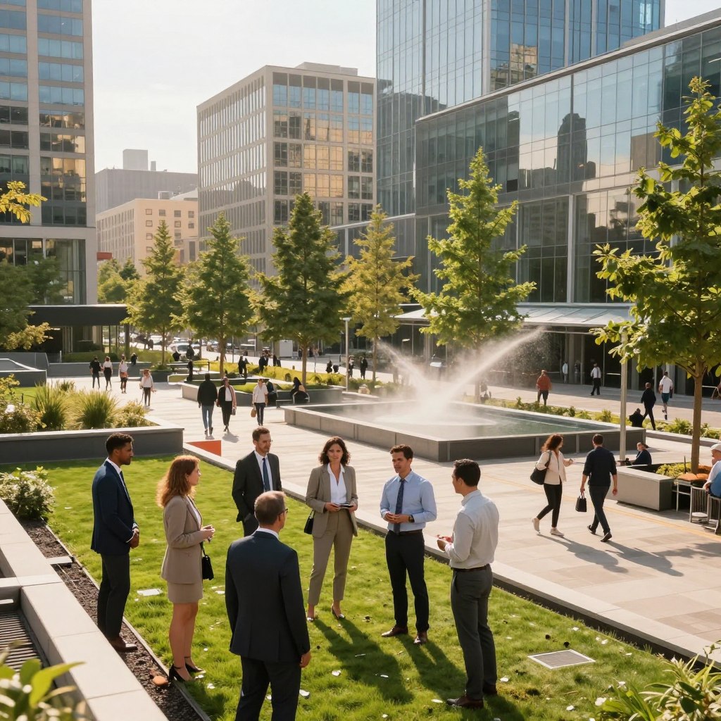 An urban landscape during a heatwave, showcasing a city adapting for extreme temperatures. In the foreground, a group of diverse professionals in business attire examine a green roof installation, emphasizing sustainability. In the middle ground, public spaces with shaded trees and cooling mist systems demonstrate urban adaptation, while people stroll or engage in outdoor activities. The background features modern buildings with reflective glass, surrounded by clear skies, casting warm golden light across the scene. The atmosphere conveys a proactive response to climate change, blending innovation with community resilience. Use soft lighting to highlight the warmth and positive energy of summer, captured from a low-angle perspective to emphasize the structures and their integration into urban life. An urban landscape during a heatwave, showcasing a city adapting for extreme temperatures. In the foreground, a group of diverse professionals in business attire examine a green roof installation, emphasizing sustainability. In the middle ground, public spaces with shaded trees and cooling mist systems demonstrate urban adaptation, while people stroll or engage in outdoor activities. The background features modern buildings with reflective glass, surrounded by clear skies, casting warm golden light across the scene. The atmosphere conveys a proactive response to climate change, blending innovation with community resilience. Use soft lighting to highlight the warmth and positive energy of summer, captured from a low-angle perspective to emphasize the structures and their integration into urban life.